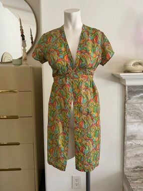 Vintage Silk Colorful Retro Swirl Short Sleeve Coverup Dress by Rue Blanche